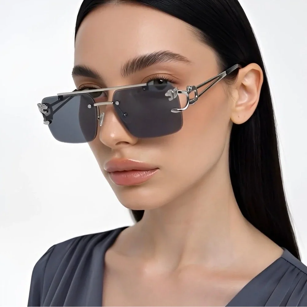 Rimless Rectangle Women Sunglasses Silver‎ Frame Fashion Tinted Dark Black Lens